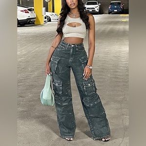 Fashion Nova Wide Leg Lily High Rise Cargo Jeans - Green